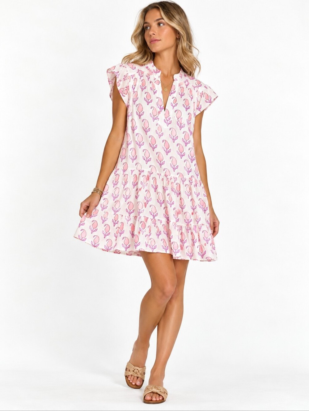 Oliphant Dress Pink Floral Mini Flutter Sleeves